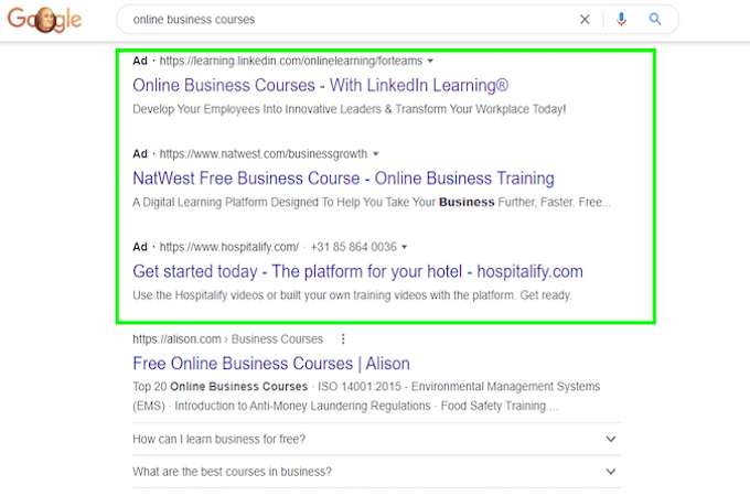 Screenshot of Google search results with a green box highlighting the paid ad links at the top of the search results.