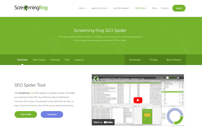 Screenshot of Screaming Frog home page.