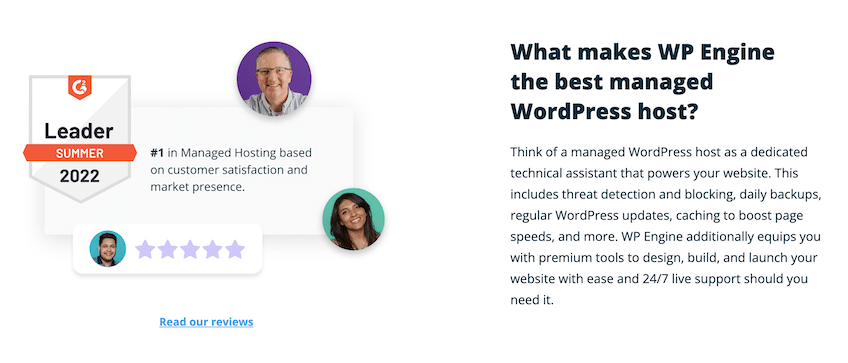 Screenshot from WP Engine managed web host webpage with a blurb that answers the question, "What makes WP Engine the best managed WordPress host?"